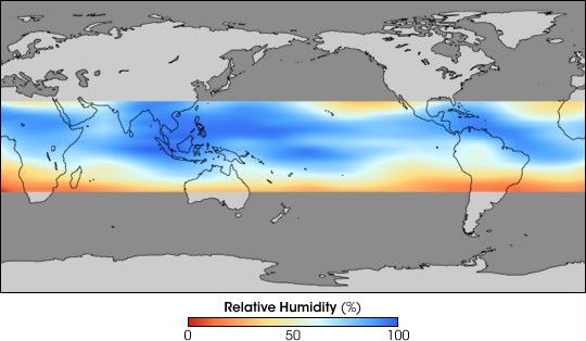 False-color satellite map of upper troposphere relative humidity over tropical regions