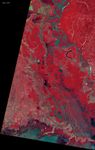 A false-color Landsat satellite image from May 5, 1973, showing flooding in the Morganza Floodway. The image displays vegetation in bright red, muddy flood waters in greenish-brown, and clear water in blue-black, highlighting the Mississippi River's water diversion through the emergency floodway system.