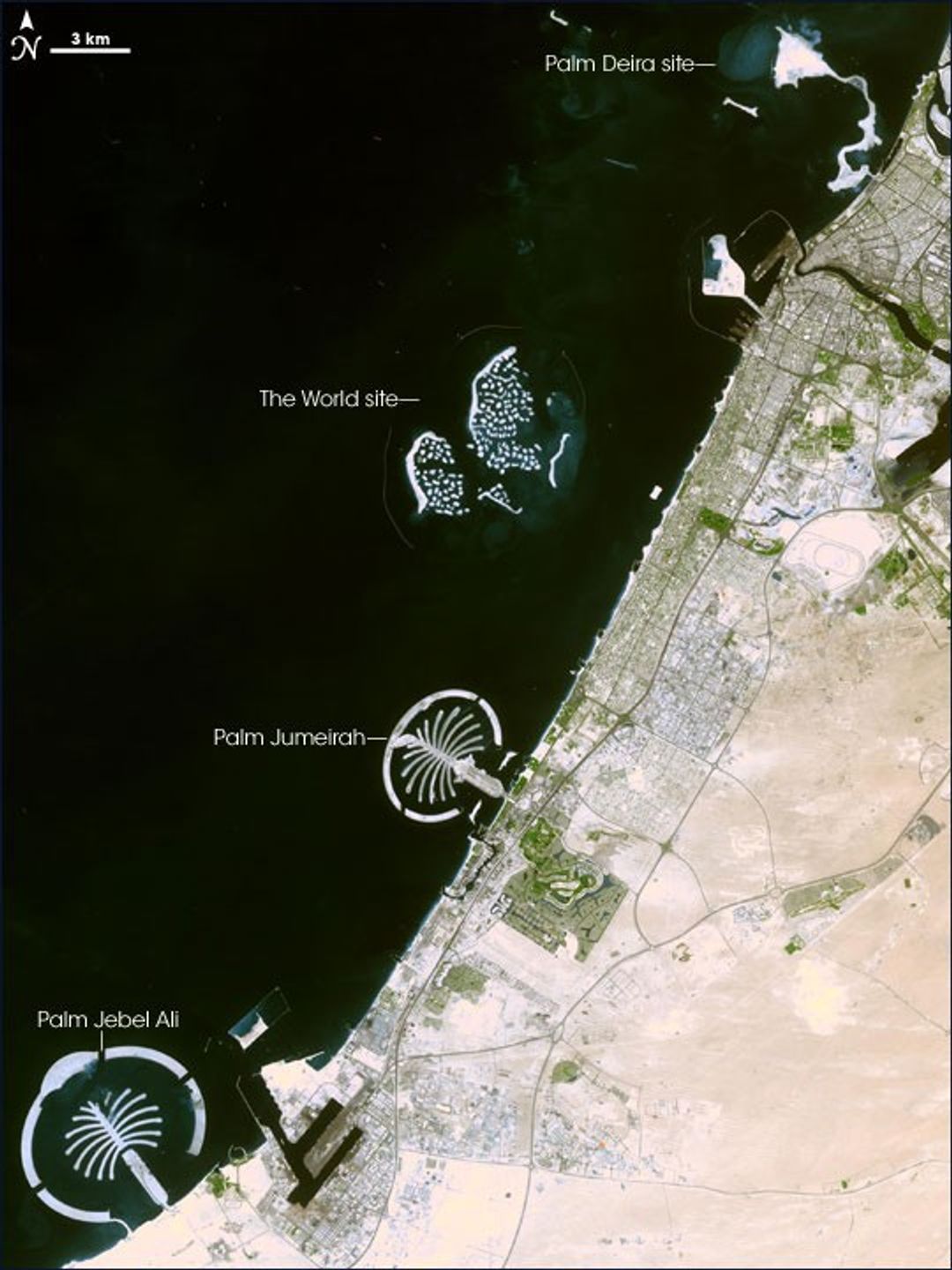 Dubai coastline and artificial islands, satellite image taken 18 September 2006