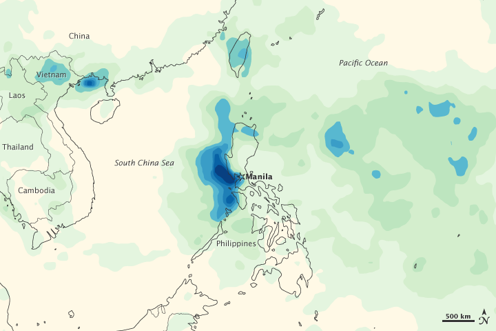 NASA TRMM Multisatellite Precipitation Analysis map showing heavy rainfall over the Philippines and surrounding region from July 25 to August 9, 2012