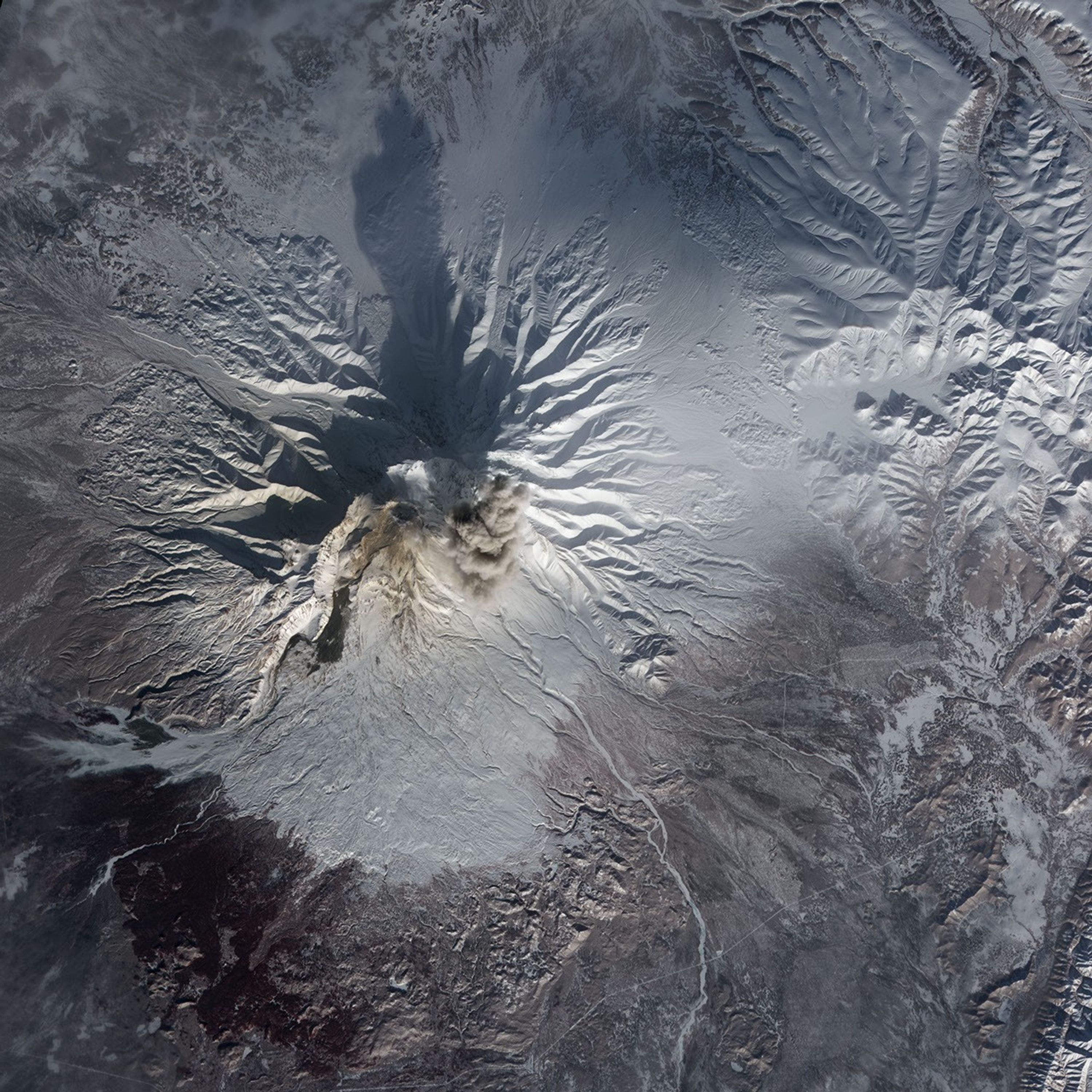 Column of Ash Rises Over Shiveluch Volcano