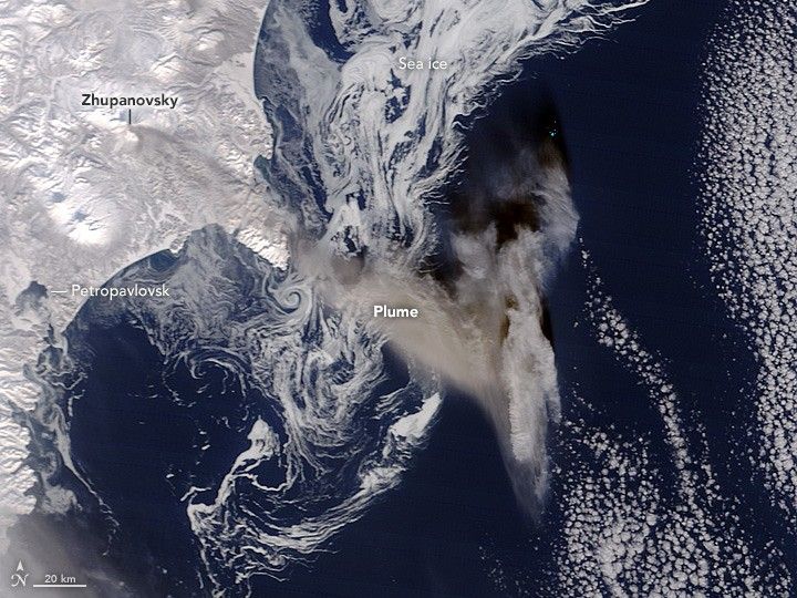 Ash Plume and Sea Ice Near Zhupanovsky