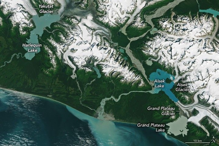Open ocean borders the bottom of the image, inland there are snowcapped mountains, glaciers and glacial lakes the empty into the ocean. Top left is Yakutat Glacier, terminating in Harlequin Lake. At the right of the image Alsek Lake is fed by Alsek Glacier. below that Grand Plateau Glacier feeds Grand Plateau Lake. The river from Alsek lake notably discolors the water where it meets the ocean to a seafoam shade.