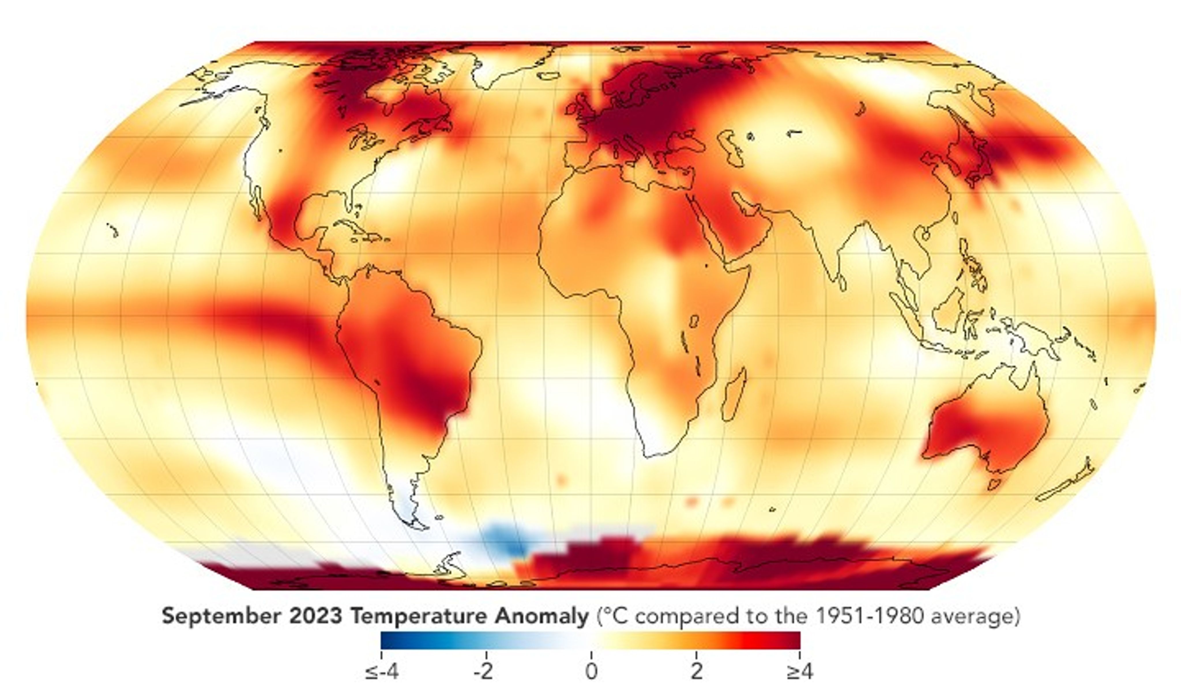 A global map with a temperature overlay gradient showing where temperatures are warmer or cooler than the 1951-1980 average shown in shades of blue where the world is cooler and shades of red where warmer. There are some regions of blue and white off the Antarctic coast, including the southernmost point of South America. Some regions show up neutral, though they are sparse, the remainder of the world has a red shade overlay. The Antarctic region is notably a dark red shade almost universally. Northern Canada and Europe also appear in the deepest shades of red on the map