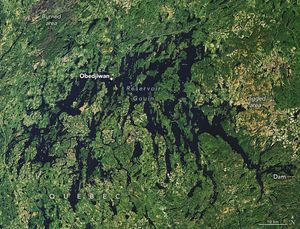 Reservoir Gouin appears as jack ragged and narrow interconnected bodies of water among the surrounding green to yellow landscape. In the top left corner of the image, out of the reservoir area, is a burned area. Immediately to the right of the reservoir is a large patch of mostly yellow land which has been labelled as logged. Below that at the very edge of the image is the reservoir Dam. The town of Obedjiwan sits right on the coast of the reservoir on a peninsula of land just left and above the image center.