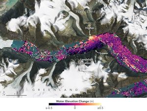 The Satellite image of Dickson Fjord in Greenland shows the Landslide location and has an overlay of color dots corresponding to water elevation in the region. The overlay ranges from deep purple, being more shallow by as much as .5 meters to pink, neutral, and yellow, .5 meters higher. The colors indicate the highest water level change across from the landslide and the lowest on the same side of the fjord as the landslide.