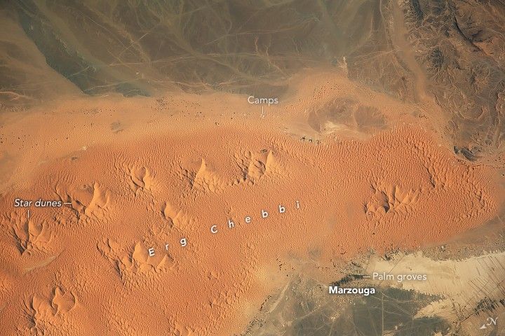 Erg Chebbi and the many Star dunes that comprise it can be seen in this satellite image stretched across open light brown landscape. This is a significant contrast to the rich orange brown sands of the Erg along the edges of which are camps on the upper side of the image and the Palm groves that border the town of Merzouga