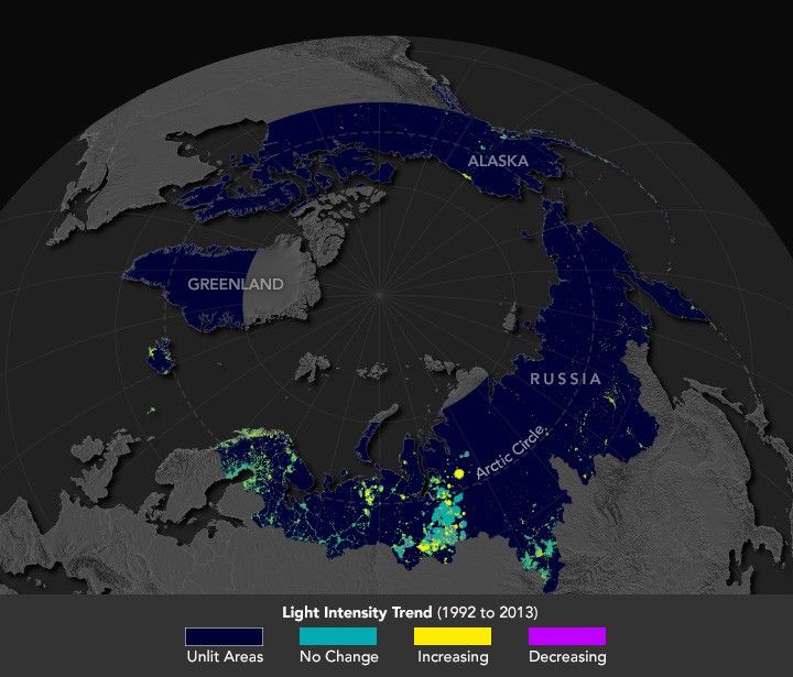 Map of the Arctic circle with an overlay of where human generated lighting can be found shows only increasing light coverage from 1992 to 2013. Increases are primarily in Scandinavian countries and western to central Russia.