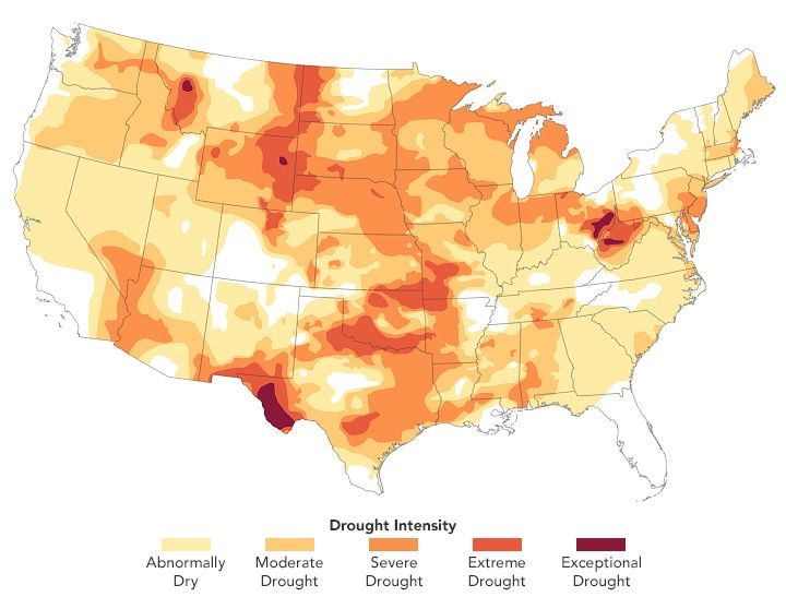 A map of the United States with an overlay of 5 shades of orange to indicate drought level. The darkest is maroon, and the lightest a pale yellow. The vast majority of the United States exists within abnormally dry conditions.