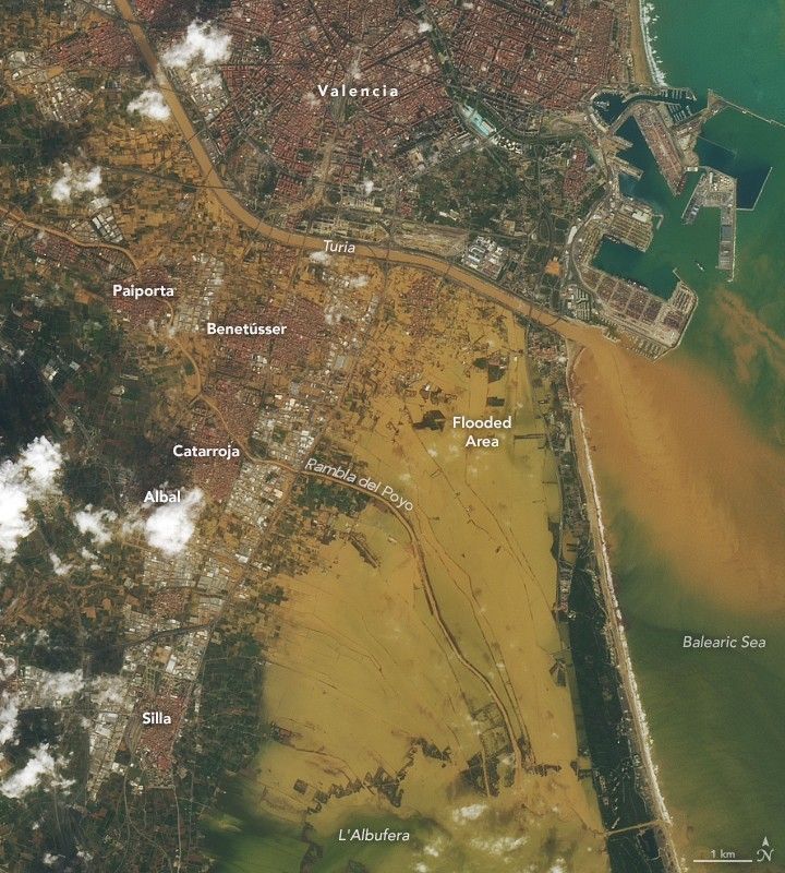Valencia, primarily below Turia river, shows much of the land and streets covered in light brown water. The region between Turia and Rambla Del Poyo are especially flooded, such as Benetússer and Paiporta and Catarroja. Albal is obscured by a cloud Silla near the bottom of the image seems to have been spared the flooding, but just to the right of that farm land is all flooded. The Balearic Sea shows sediment discoloration out of  the mouthof Turia
