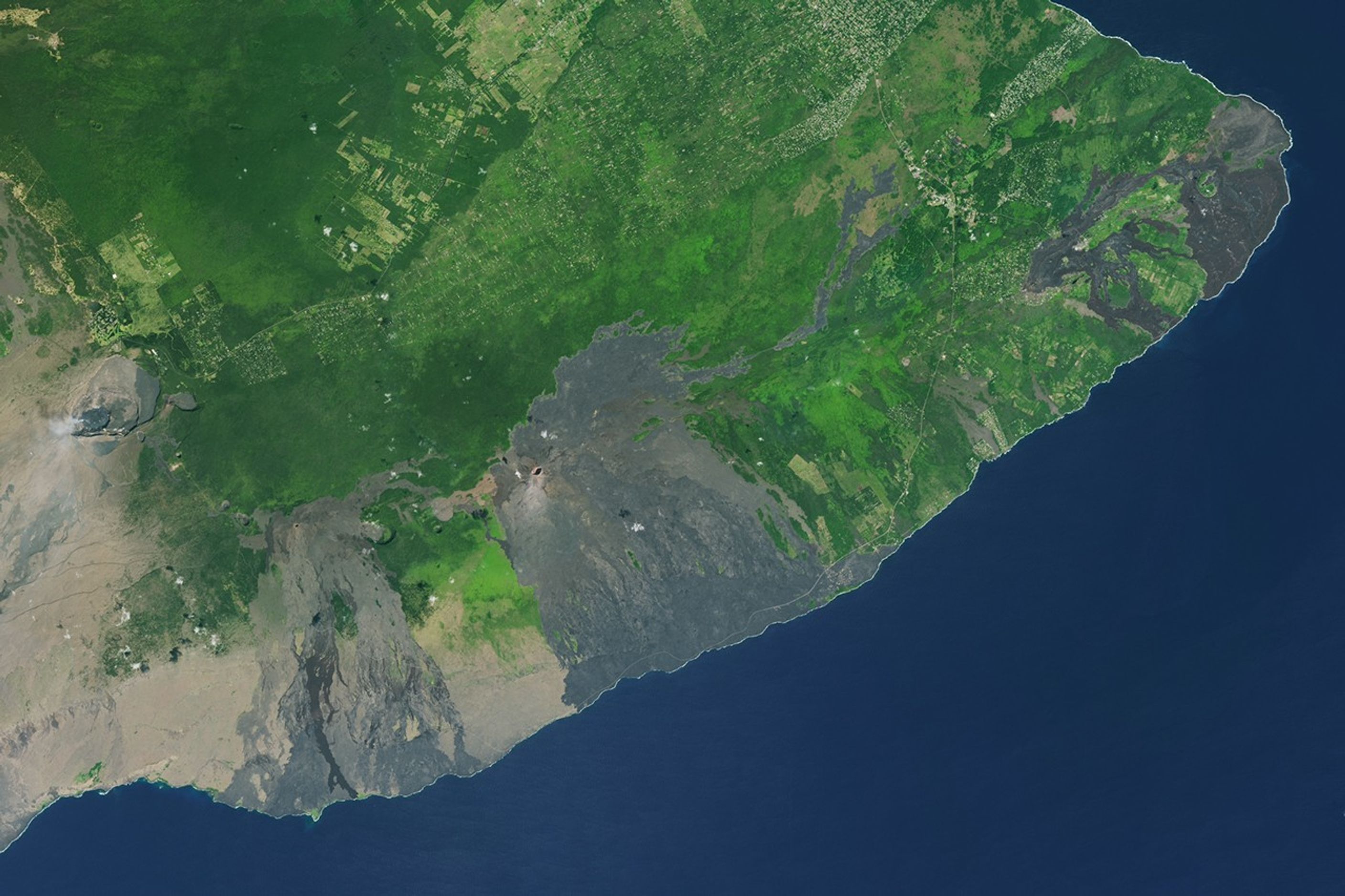 A satellite image shows the landscape around Kīlauea. The Halema‘uma‘u crater has a small volcanic plume drifting from it and is labeled on the left side. A gray area labeled as a "1983-2018 lava flow" appears in the center. A smaller lava flow labeled as the "2018 lava flow" is visible on the right. Green forested areas surround the lava flows. In the lower part of the image, the lava flows spread south or east on their way to the blue expanse of the Pacific Ocean.