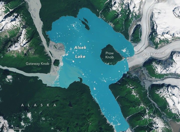 The vibrant baby blue waters of Alsek Lake are surrounded by rich green forest and white capped mountains and slightly grayer glaciers. On the right side of the of the lake is Prow Knob, a vibrant green island right at the edge of Alsek glacier.