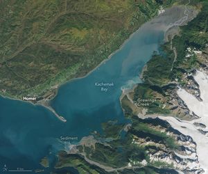 Glaciers appear in the bottom right and flow toward Kachemak Bay which occupies the center of the image diagonally with the mouth being at the bottom left. One of the glaciers terminates into Grewingk Creek  before entering the bay. Another stream empties sediment into the bay at the bottom of the image, exactly opposite from the town of Homer across the bay. The land on that side of the bay and between glaciers is all green with foliage. The waters of the bay are a mix of blue shades, but all relatively light in color.