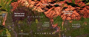 The image shows Los Angeles Altadena area with JPL labeled on the left burned developed areas, appearing near black, to the right of JPL and the Eaton Canyon Trailhead just right of the burned area in the image center. The Angeles National Forest appears orange in this image and is labeled burned as well.  Sierra Madre is farther right.