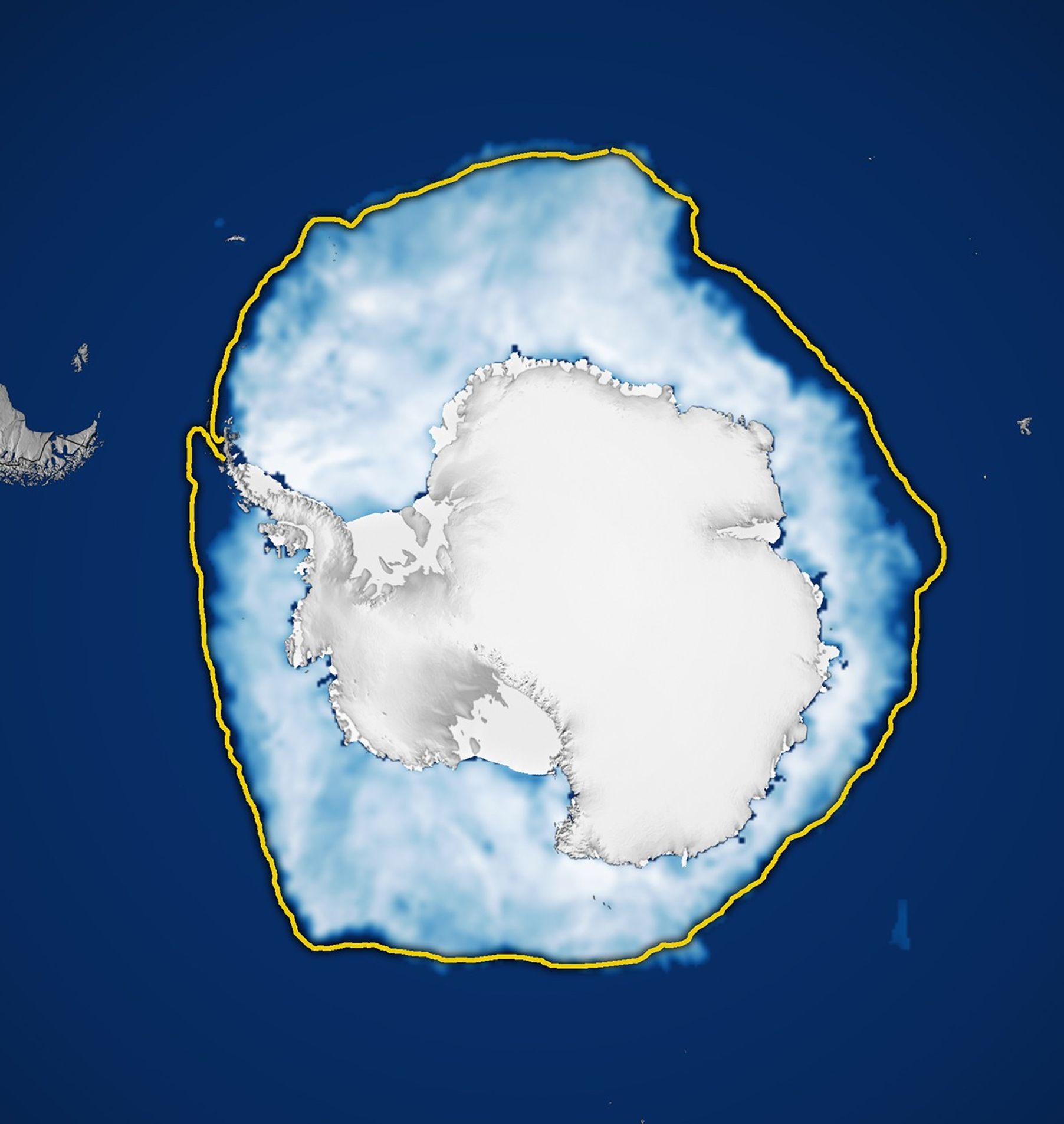 A map of the Antarctic shows the white landmass surrounded by white sea ice. In most areas, the ice edge lies within a thin yellow line marking the 1981 to 2010 average extent for the same date.
