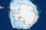 A map of the Antarctic shows the white landmass surrounded by white sea ice. In most areas, the ice edge lies within a thin yellow line marking the 1981 to 2010 average extent for the same date.