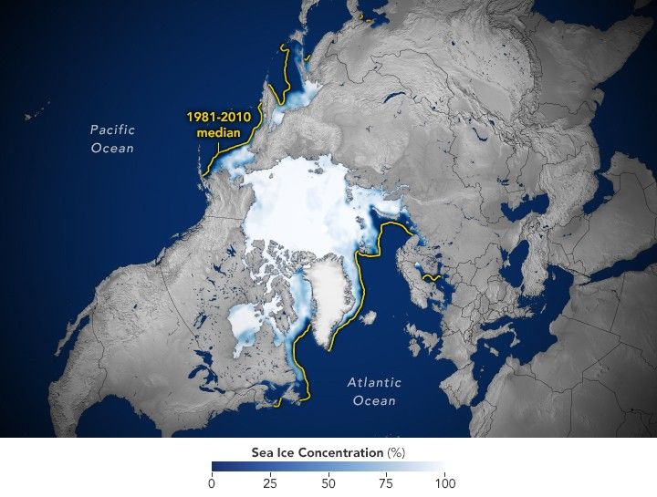 a graphical depiction of the north pole with the image centered on the pole depicts the current sea ice boundary and a yellow line outline outside the perimeter of the white ice region indicating the 1981 - 2010 median. the surrounding land is shown in grayscale with country borders overlaid.