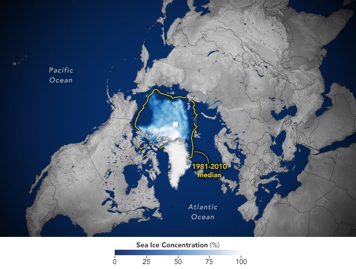 A top down view of Earth at the North Pole. A yellow ring highlights the median ice pack from 1981-2010 and this year's ice pack is shown fully within that ring.