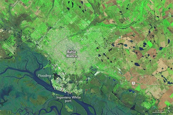 The upper portion of the image is bright green with a human settlement labeled Bahía Blanca above the river seen across the bottom of the image with wide marshes. Ingeniero White port sits along the dark blue river, and flooding is labeled between this and the city center.