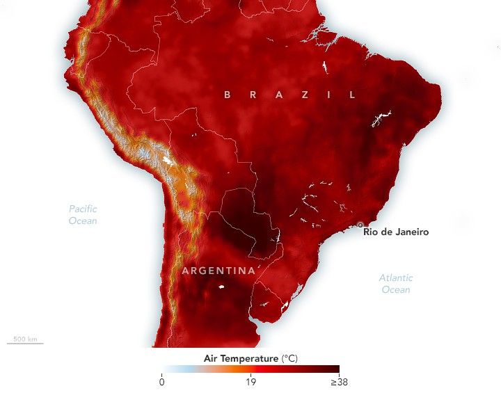 South America is depicted with a temperature overlay color gradient from 0 to 38 degrees C. Outside of the mountain range on the left coast the entirety of the continent shown falls at or above the center point.