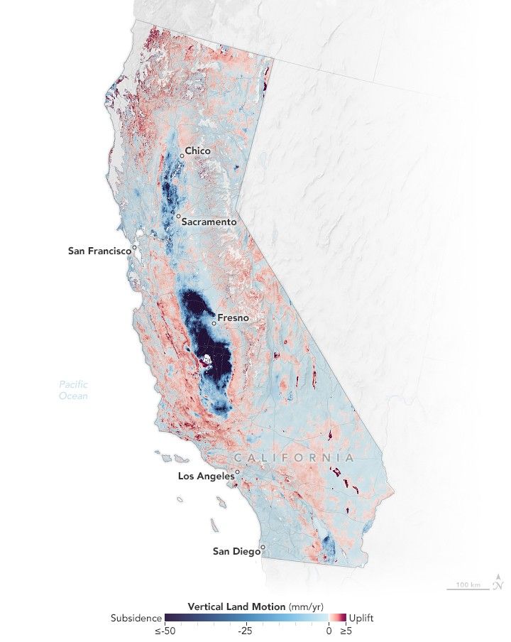 Map of California where elevation change is color coded, subsidence is color coded in shades of blue, darkest correlating to 50 millimeters annually, uplift maps to a max of 5 millimeters of rise annually. The map shows the central valley sinking most, particularly the southern part. The majority of the state is in a light blue with the mountainous regions showing some rise.
