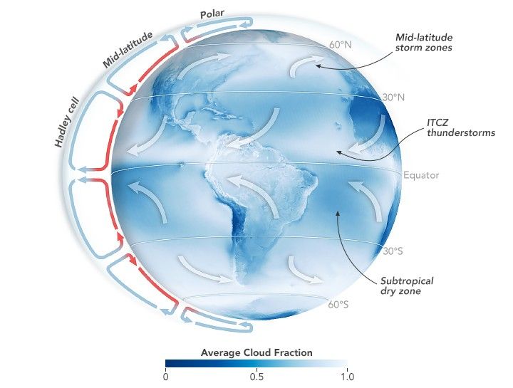 A drawn circular depiction of earth with arrows curving in toward the equator to the left from 30 degrees latitude and arrows between 30 and 60 degrees latitude curing in the opposite direction. The region below the equator is labeled the subtropical dry zone and the area above it is labeled ITCZ thunderstorms. North of that is labeled Mid-latitude storm zones. On the left side of the image are circular rotations, the bottom of which is red and the upper portions blue. The one near the equator is labeled the Hadley cell, circulating clockwise in the northern hemisphere, counter in the southern. Midlatitude rotates in the opposite direction, and the polar returns to clockwise.