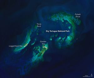 rich blue waters of the Southwest channel give way to turquoise and pale green as the shallows surrounding a few islands in this image peak out above the high water mark. Loggerhead key and the surrounding sizeable shallows stretch diagonally across in the upper left corner. White shoal mirrors the direction of loggerhead key in the middle of the Southwest Channel that separates Loggerhead and Bush Key. The shallows around Bush key mostly follow the same diagonal direction, but there are some distinct shallow regions jutting into the channel. Fort Jefferson on Garden Key is part of the same dry stretch of land. Hospital Key is a small spec of dry sand in the upper right corner.