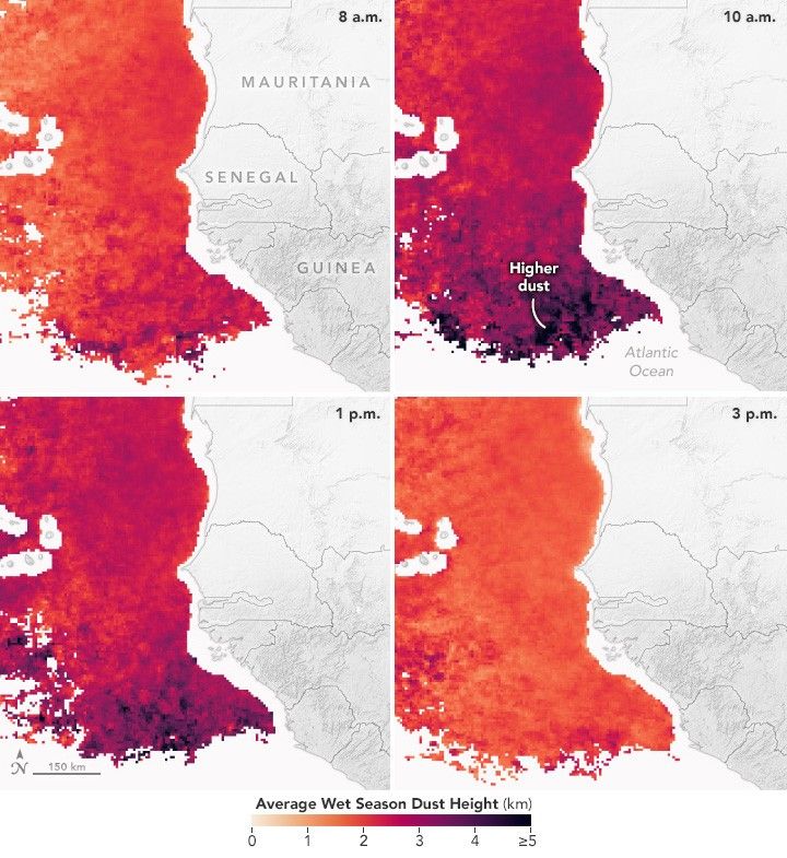 A grid of four images of the same region with an overlay of color coded wet season dust height ranging from light orange to deep purple. The right side of each image shows a grayscale Africa with country borders overlayed. Each image is labeled by time, 8 a.m. top left, 10 a.m. top right, 1 p.m. lower left, 3 p.m. lower right. the 10 am image shows the darkest colors indicating the highest dust elevation.
