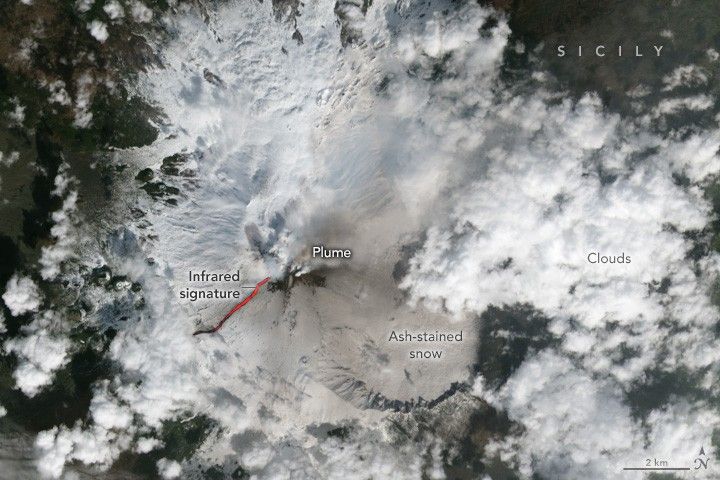Snow covered Sicilian land shows an infrared signature, a bright red line moving in a straight line away from the plume in the center of the image. Ash-stained snow encompasses the region to the right of the plume with the region surrounded by bright white clouds. Around the edges of the image some land with vegetation is visible between the cloud cover.