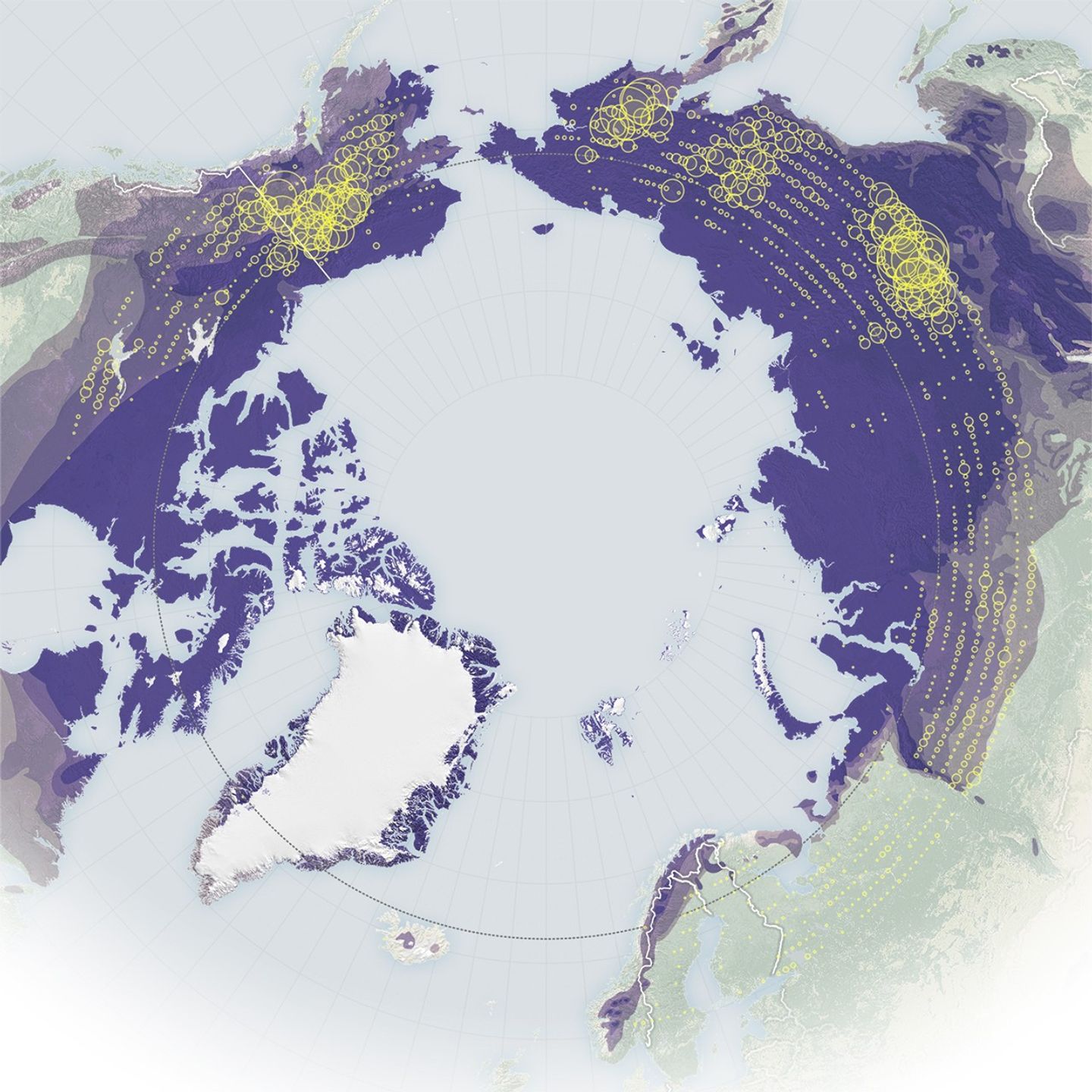 Side-by-side maps centered on the Arctic display satellite-based fire detections from NASA’s MODIS instrument, with yellow circles representing detections acquired from 2002–2012 (left) and red circles for detections acquired from 2012–2024 (right), revealing increased fire activity and a shift toward higher latitudes.