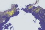 Side-by-side maps centered on the Arctic display satellite-based fire detections from NASA’s MODIS instrument, with yellow circles representing detections acquired from 2002–2012 (left) and red circles for detections acquired from 2012–2024 (right), revealing increased fire activity and a shift toward higher latitudes.