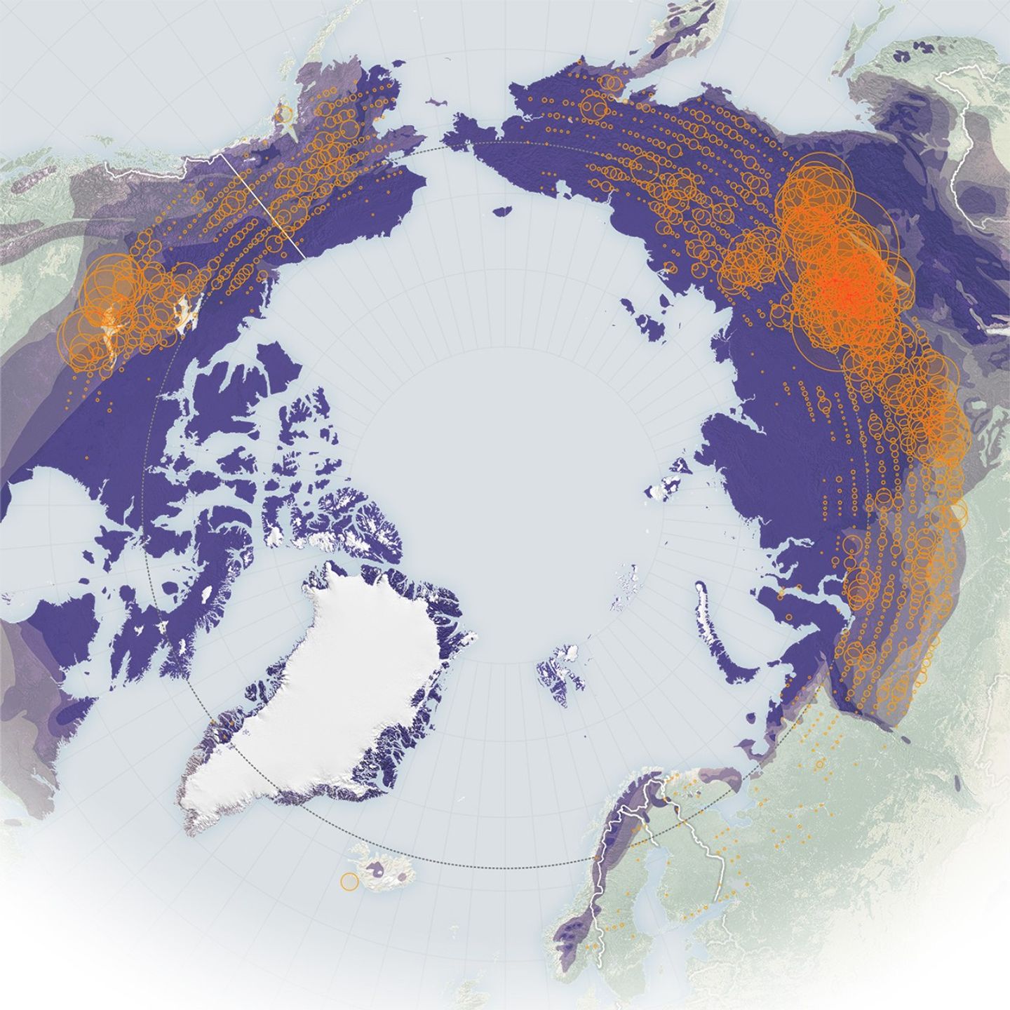 Side-by-side maps centered on the Arctic display satellite-based fire detections from NASA’s MODIS instrument, with yellow circles representing detections acquired from 2002–2012 (left) and red circles for detections acquired from 2012–2024 (right), revealing increased fire activity and a shift toward higher latitudes.