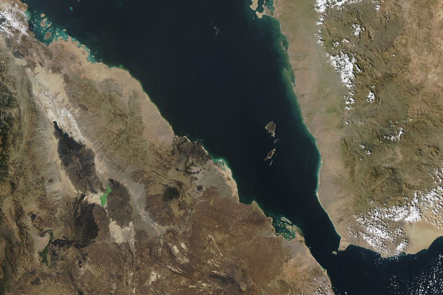 A satellite image shows parts of Ethiopia and Eritrea on the left, the Red Sea in the center, and Yemen on the right. Most of the land appears dry and in shades of light brown. A label indicates the location of the Hayli Gubbi volcano in Ethiopia amid an area of darker volcanic rock.