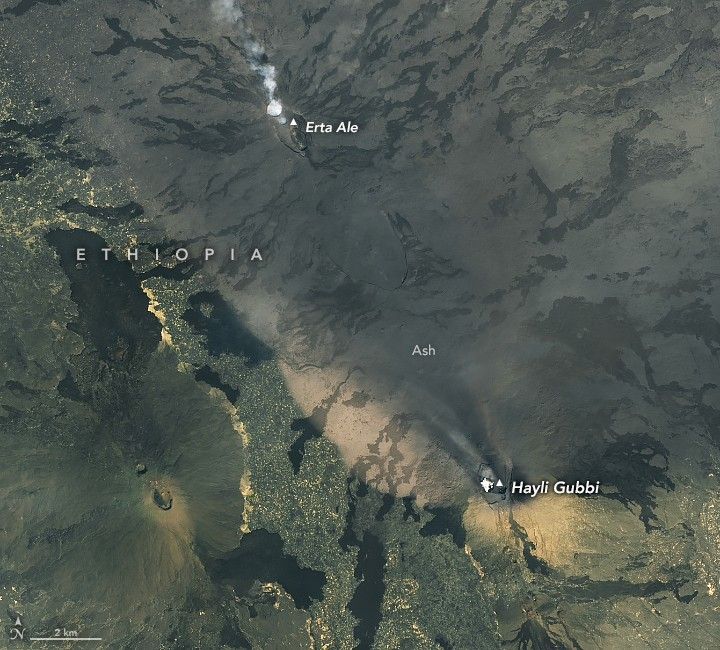 A satellite image shows a volcanic landscape in northern Ethiopia. Small white clouds hover around craters of two shield volcanoes, including Erta Ale toward the top left and Hayli Gubbi in the bottom right. Areas of dark lava are present throughout, and sinuous flows run roughly east and west from the volcanoes. A gray and tan layer of ash covers the ground in the upper right half of the image.