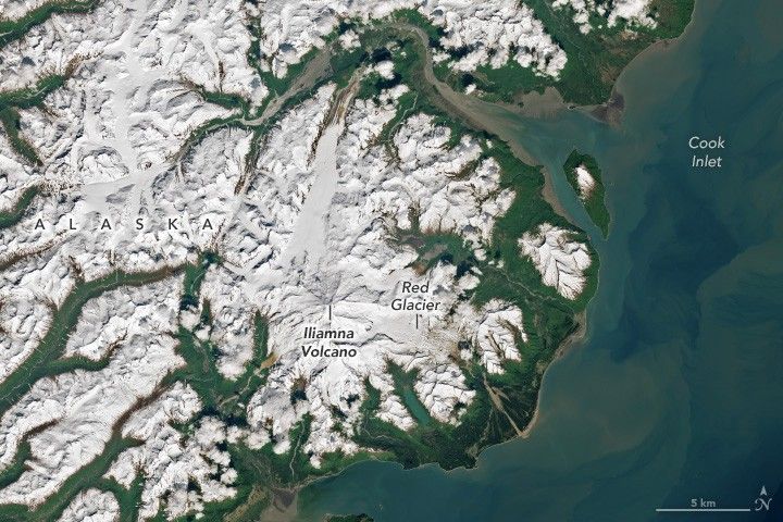 The Cook inlet occupies the right side to bottom middle of the image. The coastline is green with vegetation and the peaks shortly inland are snow covered. This includes the Red Glacier and Iliamna Volcano just below the image center.