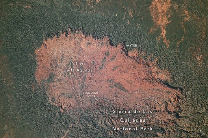 rusty brown land features stands out, labeled Potrero de la Aguda, surrounded by sage green landscape. The upper and right sides of this feature end in cliffs. Seasonal rivers are visible as veins of lighter brown spreading across the landscape In Sierra de Las Quijadas National Park.