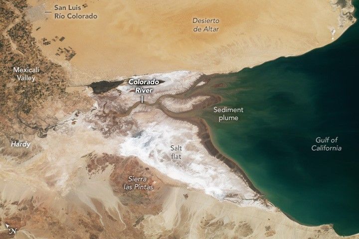 the Colorado River meets the blue-green Gulf of California. The Mexicali Valley in the upper left includes the San Luis Río Colorado on the edge of the Desierto de Altar sandy region across the top of the image. At the edge of the gulf the land is white with salt. Below the salt is a light brown land region with light sand around it labeled Sierra last Pintas.