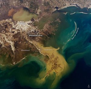 the bright orange sediment of the Mississippi river empties into the blue waters of the gulf. Barrier islands off shore to the right New Orleans and mashland to the left. The city a bright white color and the surrounding land dark and marsh are brown.