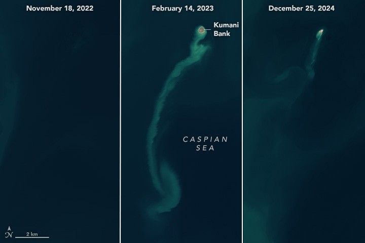 Three side-by-side images labelled by date, November 18, 2022 left, February 14, 2023 center, and Decmber 25, 2024 right, show the appearance of Kumani Bank from where there was nothing but the Caspian Sea. In the most recent image there is only a spec of land remaining, though sediment continues to drift away, suspended in the water and lightening it in color.