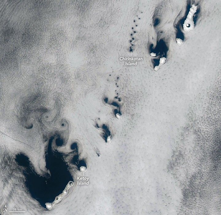A chain of islands stretching diagonally from lower left to upper right,  interrupt the blanket of cloud cover. In the wake is a swirl of cloud void on the north side of these islands allowing the deep blue ocean below to become visible.