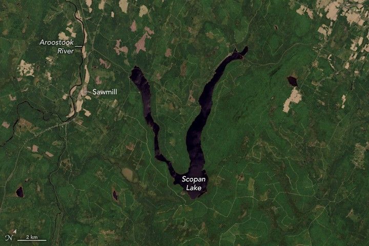 The V shaped Scopan Lake, oriented with the open end up, is surrounded by green, relatively flat land. To the left of the lake the Aroostook River runs from the top  before meandering to the left in the center. Another branch of the river proceeds to the bottom of the image. A sawmill is labelled in some cleared land along the river in the center left of the image.