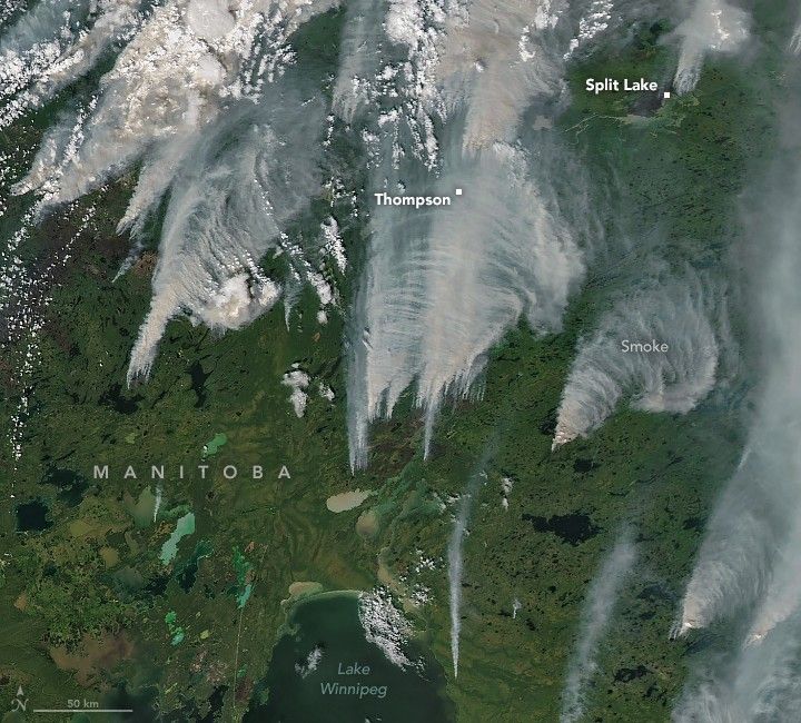 Lake Winnipeg is bisected by the bottom of the image with the green foliage of Manitoba dominating the image. Multiple streams of smoke emanate from the landcape, the densest of which is directly above the lake and completely obscures Thompson from the image. Split lake at the top left is visible but a stream of smoke is located along the coast of the lake at the upper right corner.