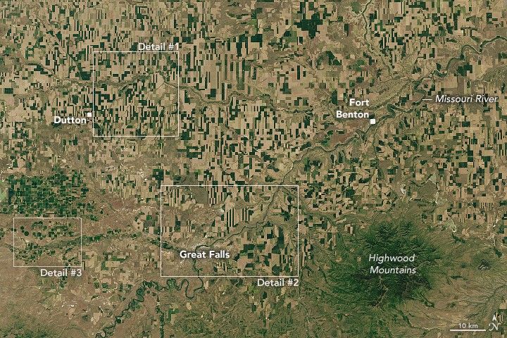 The Highwood Mountains occupy the lower right of the image. The Missouri River enters the image in the top right with Fort Benton along it. There are three square overlays along the otherwise entirely farmed landscape, in the lower center the focal area includes Great Falls. Left of that is another area long the river.  Above both is another region highlight, just left of Dutton.