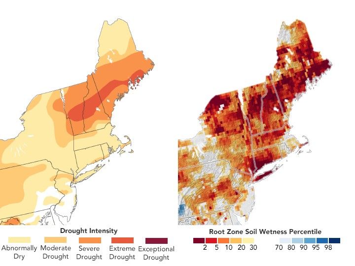 Two maps of the Northeast of the United States the left showing drought intensity in increasingly dark orange shades where drought is worst. On the right is root zone soil wetness with everything from long island North and East are darker shades of orange indicating dryer conditions.