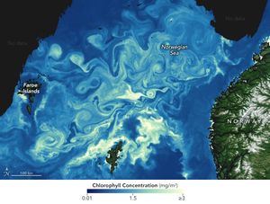 The waters of the Norwegian Sea appear a bright blue with highlights swirling throughout and the brightest of them near the center of the sea, away from the large landmasses. Norway's foliage and ice capped peaks is partially visible in the lower right, and the Faroe Islands are labeled along the left edge of the image.