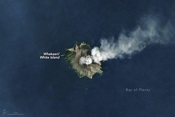 Whakaari is shown in the medium blue waters of the Bay of Plenty. The island is emitting whitish smoke, which is drifting to the right side of the image. The island is mostly bare and gray with some green foliage on the slopes of the upper end of the island.