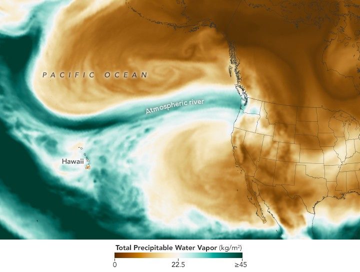 A map shows atmospheric water vapor over the Pacific Ocean, with a dense green plume of moisture stretching from the tropical Pacific in the lower left toward the U.S. Pacific Northwest in the middle right.