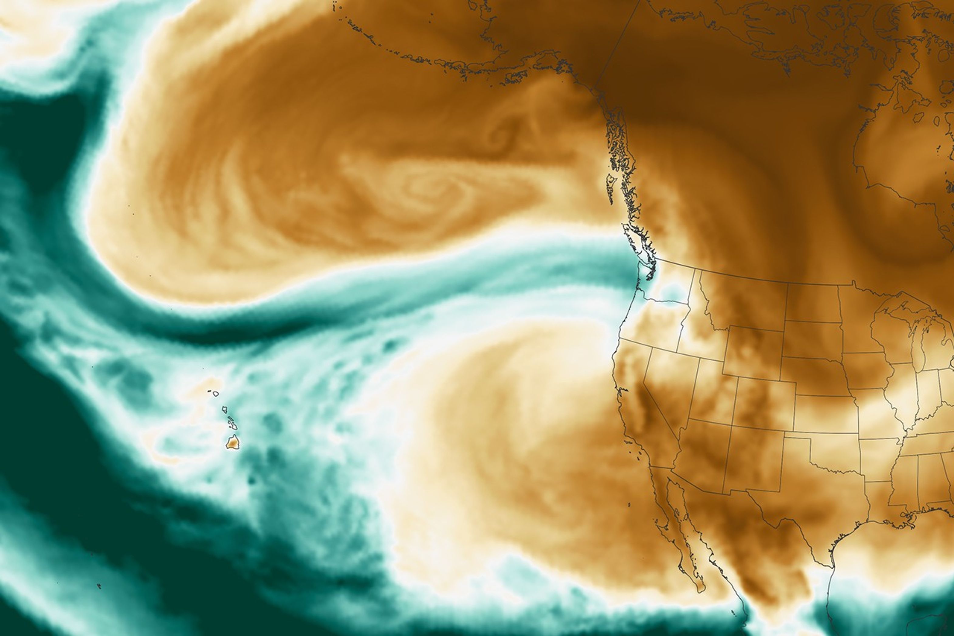 A map shows atmospheric water vapor over the Pacific Ocean, with a dense green plume of moisture stretching from the tropical Pacific in the lower left toward the U.S. Pacific Northwest in the middle right.