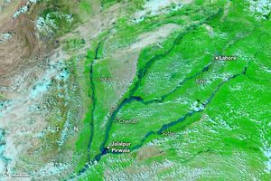 Jalalapur Pirwala is labeled at the convergence of multiple visibly widened rivers in Pakistan, including Chenab and Sutlej. Lahore is labeled upstream on the Ravi river. The Indus river is labeled center left of the image, but is not overly engorged like the other rivers. The landscape between the rivers is vibrant green in this image and the sporadic cloud coverage appears light blue.