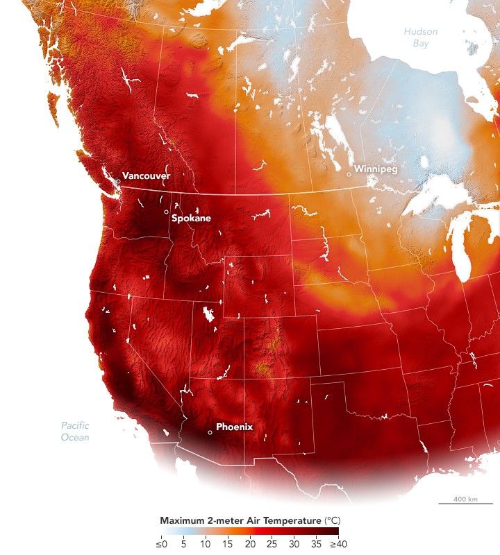 Map of the Western United states with state boundaries overlaid in white and a color overlay gradient corresponding to temperature. Dark red equates to 40 degrees C or more and the colors gradually become lighter shades of orange as temperatures lessen. East Washington and the California Valley down to Phoenix all represent some of the highest temperatures and darked colors.